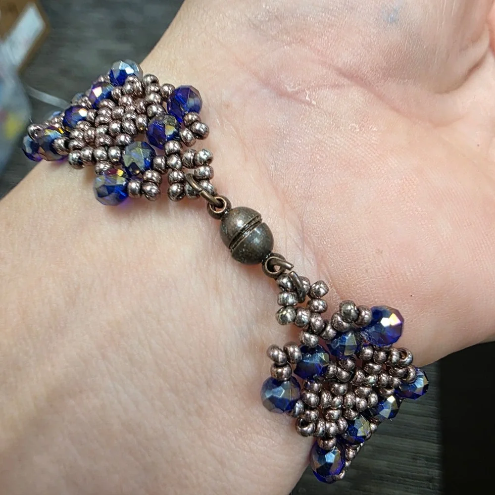 Handmade Beaded Cuff Bracelet Blue Iridescent Crystal Bronze Seed Bead Magnetic